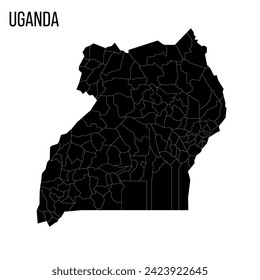 Uganda political map of administrative divisions - districts. Blank black map and country name title.