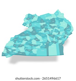Mapa político de Uganda de divisões administrativas - distritos. Mapa de vetor turquesa 3D com rótulos de nome.