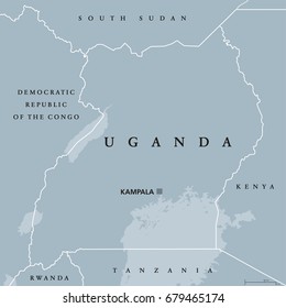 Uganda political map with capital Kampala. Republic in East Africa. Landlocked country in the African Great Lakes region, including a part of Lake Victoria. Gray illustration. English labeling. Vector