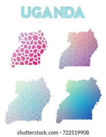 Uganda polygonal map. Mosaic style maps collection. Bright abstract tessellation, geometric, low poly, modern design. Uganda polygonal maps for infographics or presentation.