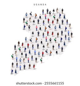 Uganda population map. Large group of realistic a diverse crowd of people figures in a shape of Ugandan map. Flat vector illustration isolated on white.