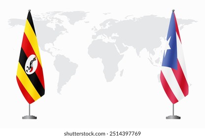 Uganda and Puerto Rico flags for official meeting against background of world map.