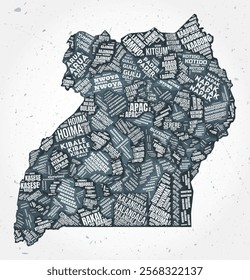 Uganda regions word clouds. Country shape on textured background. Uganda design in typographic style. Vibrant vector illustration.