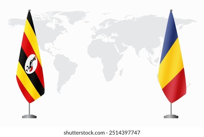 Uganda and Romania flags for official meeting against background of world map.