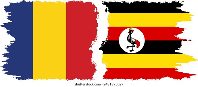 Uganda and Romania grunge flags connection, vector