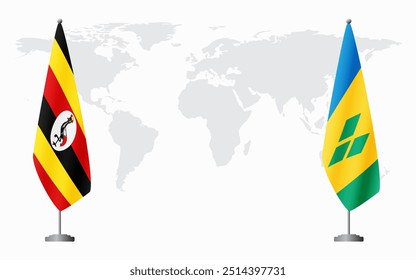 Uganda and Saint Vincent and the Grenadines flags for official meeting against background of world map.