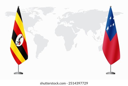 Uganda and Samoa flags for official meeting against background of world map.