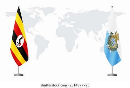 Uganda and San Marino flags for official meeting against background of world map.