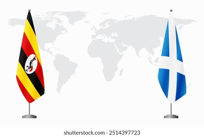 Uganda and Scotland flags for official meeting against background of world map.