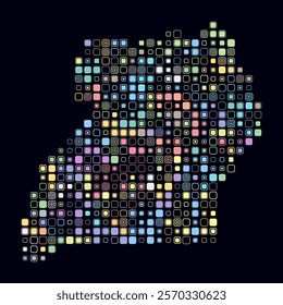 Uganda, shape of the country build of colored cells. Digital style map of the Uganda on dark background. Large size rounded square blocks. Modern vector illustration.