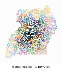 Uganda, Form des Landes aus farbigen Zellen. Digitale Stilkarte von Uganda auf weißem Hintergrund. Kleine quadratische Blöcke. Moderne Vektorgrafik.