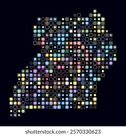 Uganda, shape of the country built of colored cells. Digital style map of Uganda on dark background. Large size rounded square blocks. Modern vector illustration.
