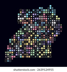Uganda, shape of the country built of colored cells. Digital style map of Uganda on a dark background. Large size square blocks. Stylish vector illustration.