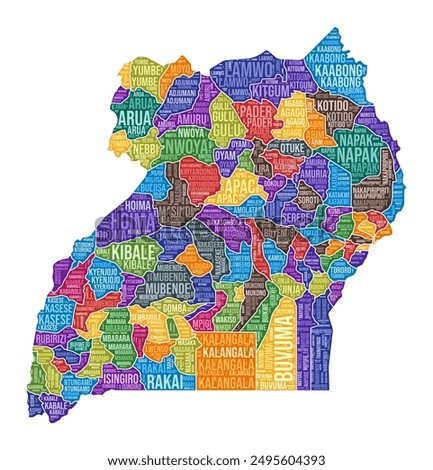 Uganda shape. Country word cloud with region division. Uganda colored illustration. Region names cloud. Vector illustration.