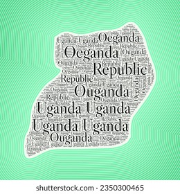 Uganda shape formed by country name in multiple languages. Uganda border on stylish striped gradient background. Vibrant poster. Creative vector illustration.