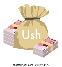 Uganda Shilling Vector Illustration. Uganda money set bundle banknotes. Money bag 20000 Ush. Flat style. Isolated on white background. Simple minimal design.