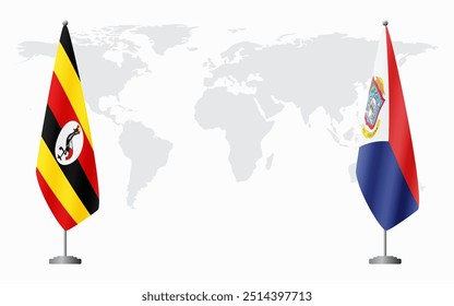 Uganda and Sint Maarten flags for official meeting against background of world map.