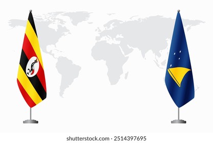 Uganda and Tokelau flags for official meeting against background of world map.
