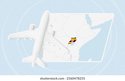 Uganda Travel Illustration with Plane and National Flag. Ideal for travel agencies, promotional materials, or geographic content related to Uganda.