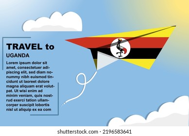 Uganda travel vector banner with paper flag and text space, Uganda country flag on paper plane, holiday and vacation concept, summer travel template and pattern, flight ticket idea