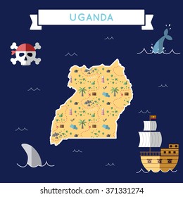 Uganda treasure map in flat design. Colorful cartoon treasure map of Uganda with flat design icons of pirate ship and jolly roger. Uganda flat design vector illustration.