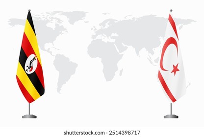 Uganda and Turkish Republic of Northern Cyprus flags for official meeting against background of world map.