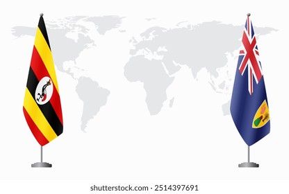 Uganda and Turks and Caicos flags for official meeting against background of world map.