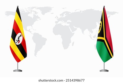 Uganda and Vanuatu flags for official meeting against background of world map.