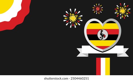 Uganda vector banner design illustration with flag colors, geometric shapes and typography. fireworks and ribbon elements.