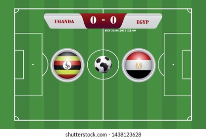 Uganda vs Egypt scoreboard broadcast template for sport soccer africa tournament 2019 Group A and football championship in egypt vector illustration