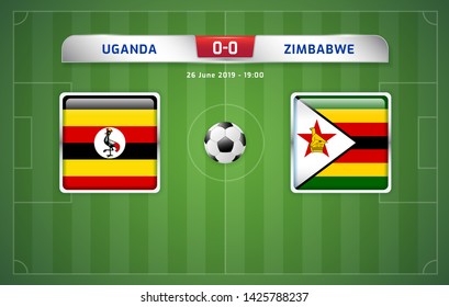 Uganda vs Zimbabwe scoreboard broadcast template for sport soccer africa tournament 2019 Group A and football championship in egypt vector illustration