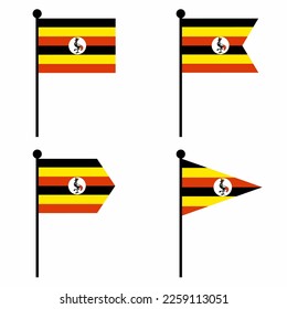 Icono de la bandera ondulante de Uganda ajustado en 4 versiones de forma. Colección de signos de asta para identidad, emblema e infografía. 