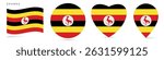 Uganda waving flag, round circle sticker badge, heart shaped icon, map pin. Ugandan flag buttons of different shapes. Vector illustration isolated on white.