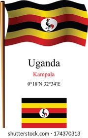 uganda wavy flag and coordinates against white background, vector art illustration, image contains transparency