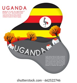 Uganda : World Flag in paper cut shapes with trees and mountains in the layers : Vector Illustration