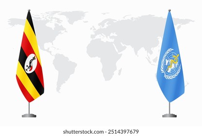 Uganda and World Health Organization flags for official meeting against background of world map.