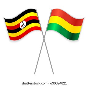 Ugandan and Bolivian crossed flags. Uganda combined with Bolivia isolated on white. Language learning, international business or travel concept.