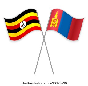 Ugandan and Mongolian crossed flags. Uganda combined with Mongolia isolated on white. Language learning, international business or travel concept.