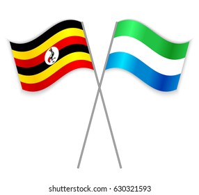 Ugandan and Sierra Leonean crossed flags. Uganda combined with Sierra Leone isolated on white. Language learning, international business or travel concept.