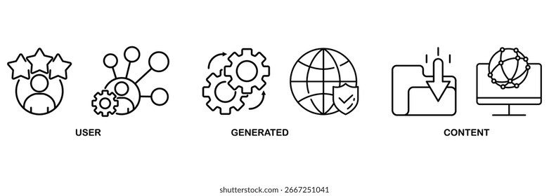 UGC banner web icon vector illustration concept for user-generated content with icon of people, network, process, engine, click, internet, website, archive and browser