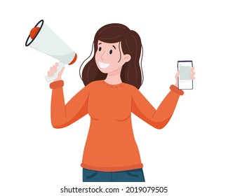 UGC concept. Woman speaks into a megaphone with a phone in her hands. Content creation, reviews.
