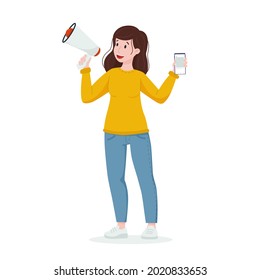 UGC concept. Woman speaks into a megaphone with a phone in her hands. Content creation, reviews.