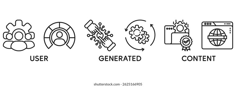 UGC icon set vector illustration concept relate to user-generated content with icon of people, network, process, engine, click, internet, website, archive and browser