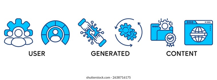 UGC icon set vector illustration concept relate to user-generated content with icon of people, network, process, engine, click, internet, website, archive and browser