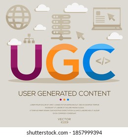 UGC significa (Contenido Generado por el Usuario): acrónimos de ordenador e Internet, letras e iconos, ilustración vectorial.
