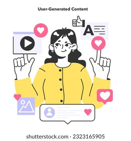 UGC or user generated content. Content marketing. Social media communication and promotion. Character creating content in social media or website. Flat vector illustration