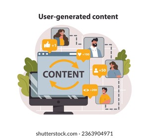 UGC or user generated content. Content marketing. Social media communication and promotion. Character creating content in social media or website. Flat vector illustration