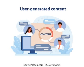 Contenido generado por UGC o por el usuario. Comercialización de contenidos. Comunicación y promoción de medios sociales. Caracteres que crean contenido en medios sociales o sitios web. Ilustración vectorial plana