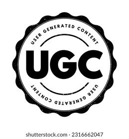 UGC User Generated Content - specific content created by customers and published on social media or other channels, acronym text concept stamp