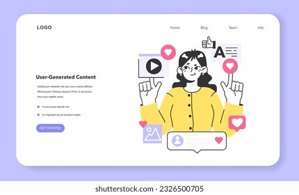 UGC or user generated content web banner or landing page. Content marketing. Social media communication and promotion. Character creating content in social media or website. Flat vector illustration